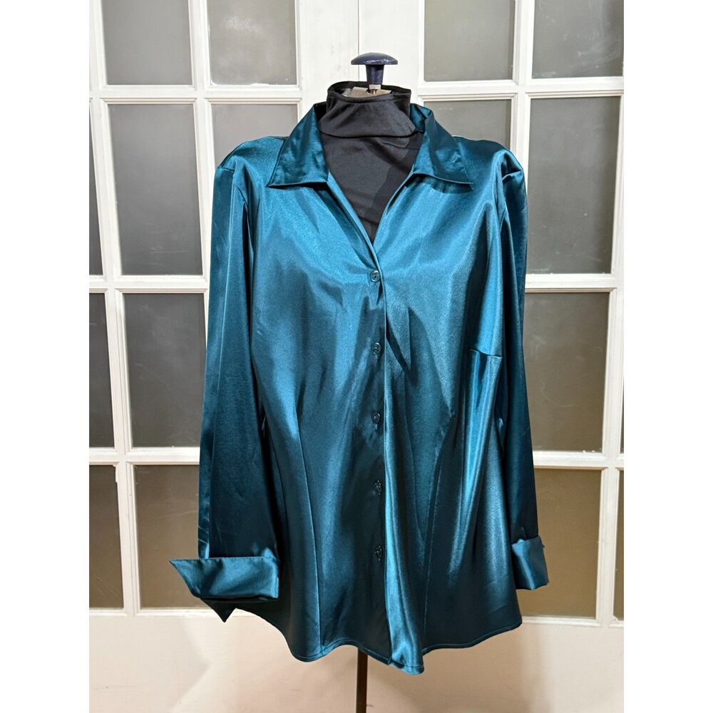 Maggie Barnes Plus Size 20W Teal Satin Long Sleeve Button Down Shirt